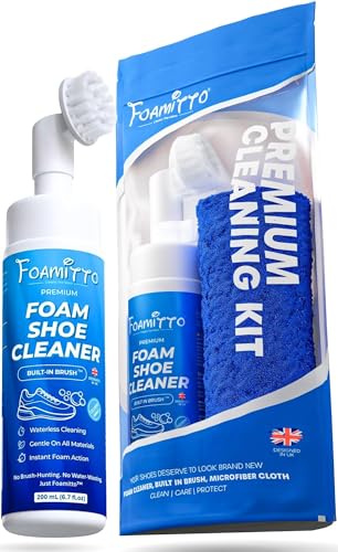 Foamitto Shoe Cleaner Kit – 200ml Waterless Foam Trainer & Sneaker Cleaner with Built-In Brush & Microfiber Cloth | For Mesh, Leather, Canvas, Knit, Rubber, PU & EVA