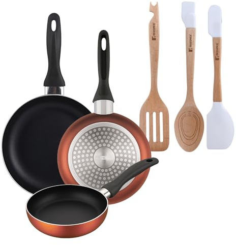 Well Home Set di 3 padelle Ø16Ø20Ø24cm in alluminio pressato in rame metallizzato+Set di 3 utensili da cucina in silicone e legno
