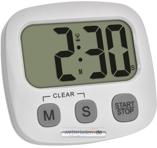 TFA Dostmann Digitaler Kurzzeitmesser zum Sport/Kochen/Lernen, 38.2057.01, inklusive Stoppuhr und Uhrzeit, magnetisch, großes Display, Eieruhr, Küchen-Timer, Sport-Timer (Weiß mit Batterie)