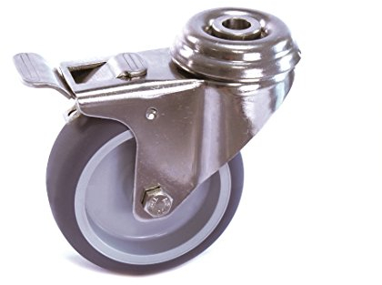 Edelstahlrolle 75 mm Gummi grau spurlos Rückenloch mit Bremse V2A INOX Transportrolle Apparaterolle aus Edelstahl