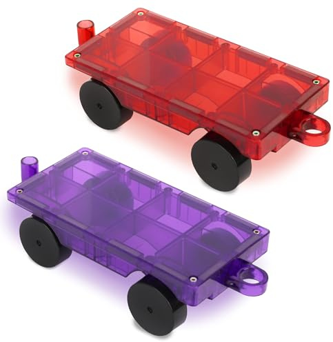 Playmags 2 Piece Car Set: Strong Magnets - STEM Toys for Kids, Use with All Magnetic Tiles and Blocks Sturdy, Super Durable with Vivid Clear Color Tiles. (Colors May Vary)