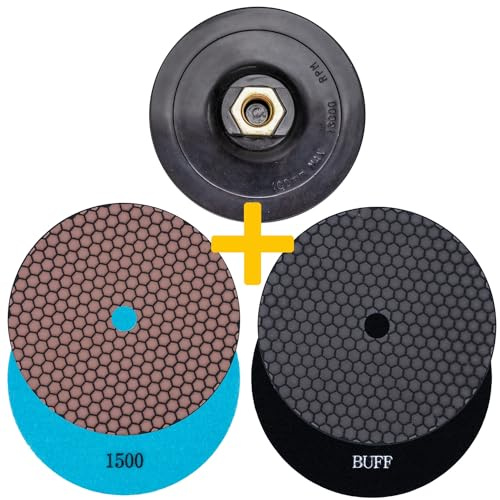 Profi Diamant-Schleifpad-Set für Trockenschliff 125 mm Körnung 1500 Polierer Klett-Aufnahmeteller für Naturstein Granit Feinsteinzeug Fliesen Keramik Kunststein Glas Marmor
