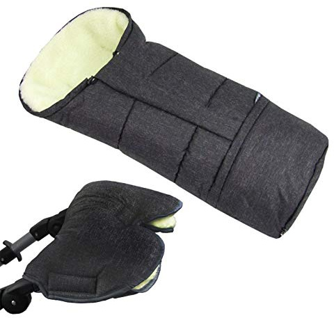 BAMBINIWELT KOMBI-ANGEBOT MUFF + vinterfotväska/MUMIE – av lammull för barnvagn, buggy, slipad svart