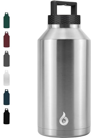 BJPKPK Half Gallon Water Bottle Insulated, Dishwasher Safe 64 oz Water Bottle with Handle, Leakproof BPA Free Thermal Flasks, Large Metal Jug for Sports, Stainless Steel Primary Color