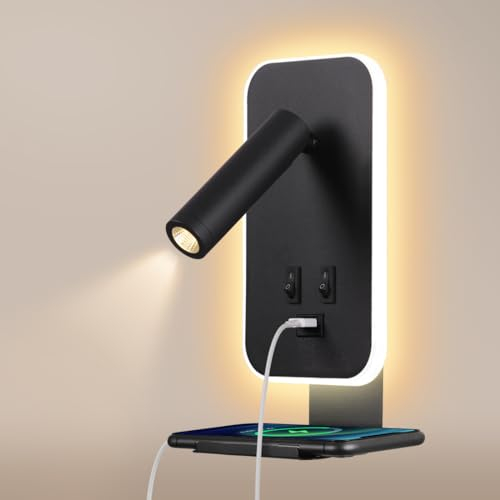 Awekliy Applique murale LED, liseuse de chevet avec interrupteur, Avec port de chargement USB et plateau pour téléphone,éclairage d'ambiance de chambre à coucher Spot réglable (3W 3100K+9W 6000K) Noir