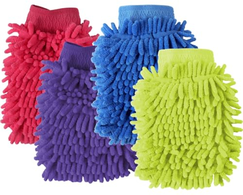 RDNKVB Mikrofase Wasserdicht Chenille Handschuh, weicher Korallen Autowaschhandschuh, Schwamm 4 Stücke Auto Waschhandschuh für Autowäsche