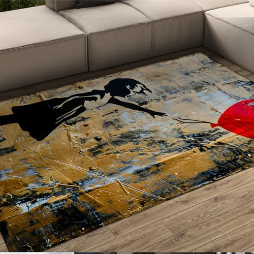 UERWOWELL Ingwer rutschfeste Türmatte Banksy-Stil Ballonmädchen Kinderteppiche für Schlafzimmer Kinderzimmer Wohnzimmer Teppiche mit Gummirücken Waschbar 160x220cm