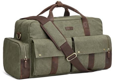 S-ZONE Unisex 56L Reisetasche Vintage Canvas Lederbesatz Übernachtung Weekender Tasche Duffle Bag Handgepäck Sporttasche für Reise Wochenende Urlaub