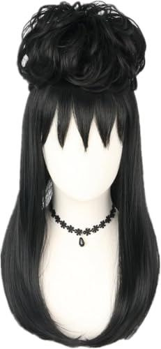 Topcosplay Retro Bouffant Perücke Lang Schwarze Perücke mit Halsketten Updo Perücke 50er 80er Jahre Halloween Kostüm (Schwarze)