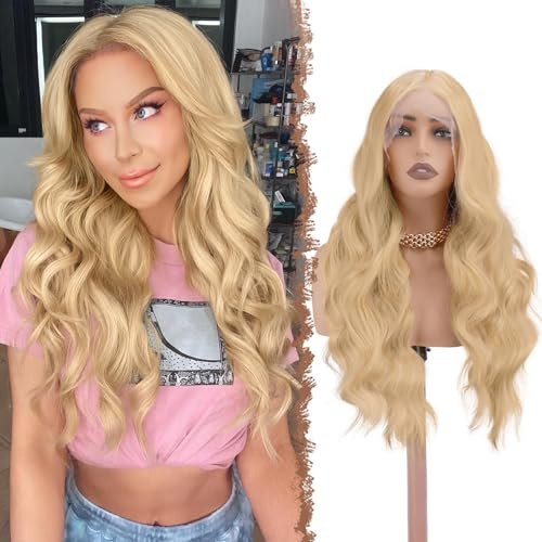 FESHFEN Lace Front Peruker Lång Vågigt Peruk HD Spetsfrämre Hårperuk Naturligt Syntetiskt Långt Lockigt Hår Peruker för Kvinnor, 70 cm Blond