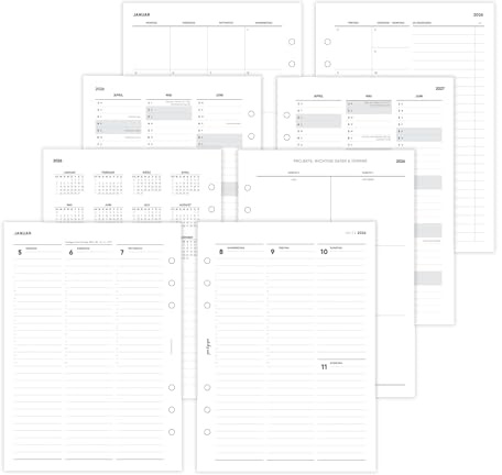pen & pages® Kalender 2026 Spalten mit Uhrzeiten 1 Woche auf 2 Seiten DIN A5 Kalendereinlage für Ringbuch mit Monatsübersicht Jahresübersicht DACH Feiertagen 6 fach Lochung (All-in-One)