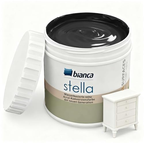 Bianca Stella Möbelfarbe Ohne Schleifen - Wasserbasierter Parfümierter Möbellack für Holz, Küchenschrank, Tisch, Stuhl - Schwarz, Glänzend, Holzfarbe Innen & Außen, Hochdeckend, Kratzfest, 0.5L