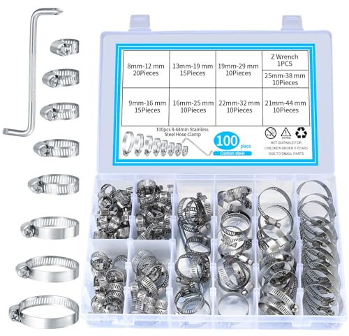 100 Pcs Hose Clips, Jubilee Clips,Adjustable 8-44mm Range | Stainless Steel Hose Clamps Assorted Kit, Water Pipes Hose Clamps Clips with Screwdriver for Water Pipe, Automobile Pipe
