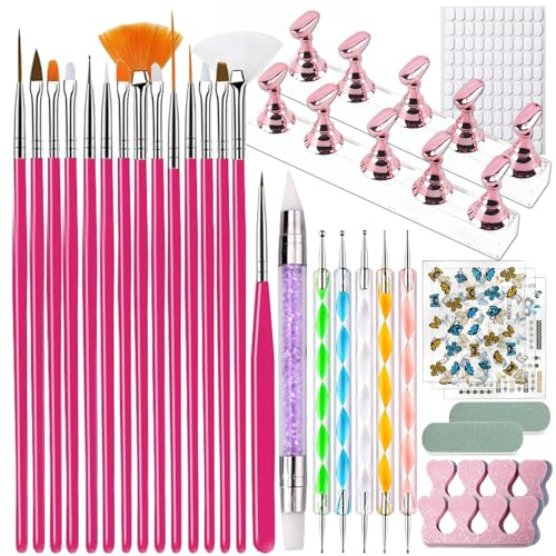 31 st Nagelkonstverktygsset,15 nagelkonstpenslar,6 prickverktyg,3 nagelklistermärken,2 nagelfilar,2 tåseparatorer med nagelställ – ett nagelkonstset för både professionella nageltekniker och nybörjare