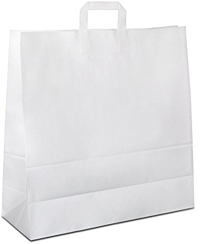 Papiertüten weiß mit Flach-Henkel I 100 Stk. 45+17x47cm I Papiertragetasche für Einzelhandel, Hochzeit, Geburtstag, TO-GO I Geschenktüten aus Kraftpapier I HUTNER