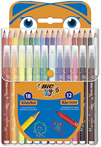 BIC Kids Buntstifte & Filzstifte Set: 18 Malstifte & 12 Fasermaler, in praktischem Katzen-Etui