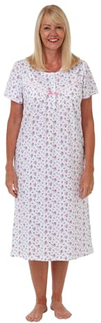 Marlon Women’s Maria Nightie – Soft Knitted Jersey Nightdress With Short Sleeves & Button Placket – Pure Cotton or Comfy Easy Care Fabric, Pink, 24-26