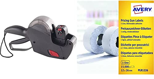 AVERY Zweckform PL1/8 Preisauszeichner (165 x 280 x 75 mm, 1-zeilig, 1x Handauszeichner) schwarz & PLR1226 Etikettenrolle (15.000 Stück, 1-zeilig, wiederablösbar, 12 x 26 mm) 10 Rollen weiß