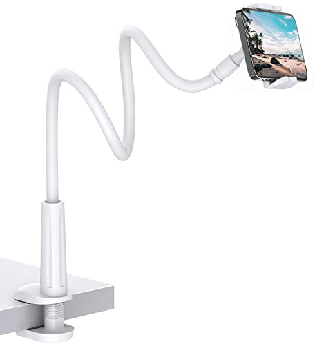 Shawe Handyhalter, Schwanenhals Halter Flexibler Verstellbarer Arm im Bett für Phone 13/12/12 Mini/12 Pro/Samsung S20/S10/S9/ Huawei/usw 76cm Gesamtlänge, Geeignet für 4-6,5 Zoll Geräte (Weiß)
