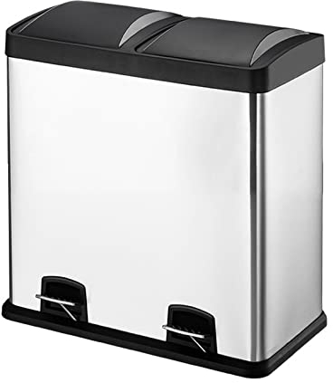 Bac à double recyclage 60L, poubelle en acier inoxydable, poubelle à pédale de déchets alimentaires, couvercles en plastique, compartiments amovibles de 2x30 litres for séparer les déchets
