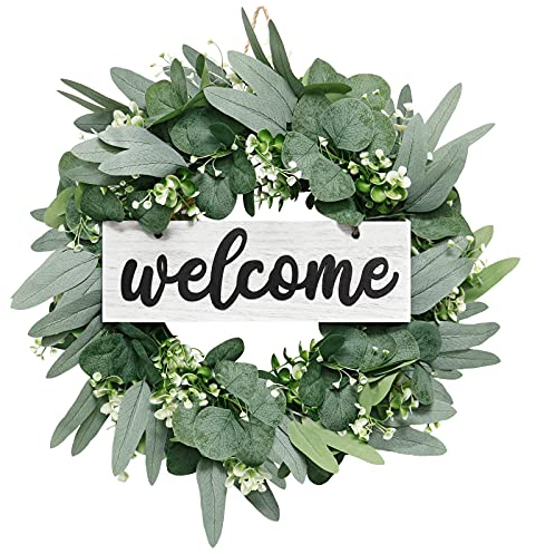 LOMOHOO 46cm Künstlicher Eukalyptus Kranz Willkommenskranz für Haustür-Bauernhaus Willkommensschild Festival Wohnkultur Frühlings Sommerdekoration für Haustür und Fenster im Freien