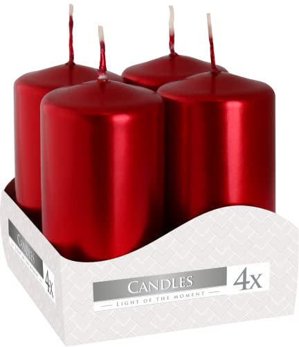 Nipter Votivkerzen Stumpenkerzen Adventkerzen Rot Metallic, Durchmesser ca. 3,5 cm, Höhe 8 cm, geruchsneutral, Brenndauer 9h, Set 4 Stück (1 Box)