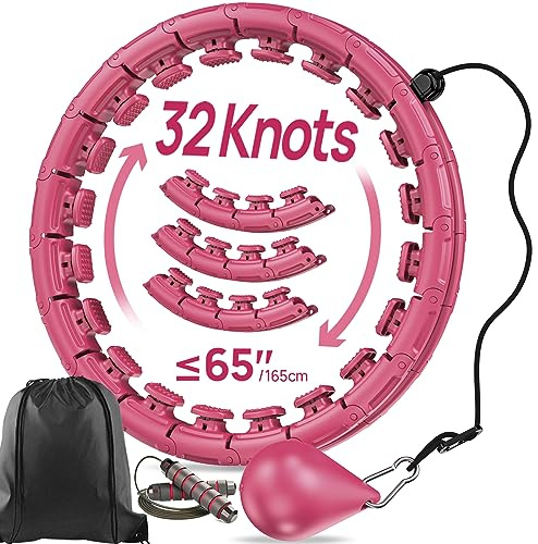 Aro de Ejercicio con Peso de 32 Nudos de Talla Grande, aro de huula Ajustable con eslabones adicionales para Adultos, 2 en 1 para Masaje de Fitness sin caída con Bola giratoria, Color Rosa