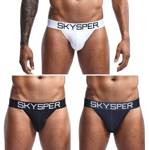 SKYSPER Men's Jockstrap Breathable Mesh Jock Strap Male Underwear, Athletic Supporters for Men (SG30-Blue/White/Navyblue-3pcs, Small)