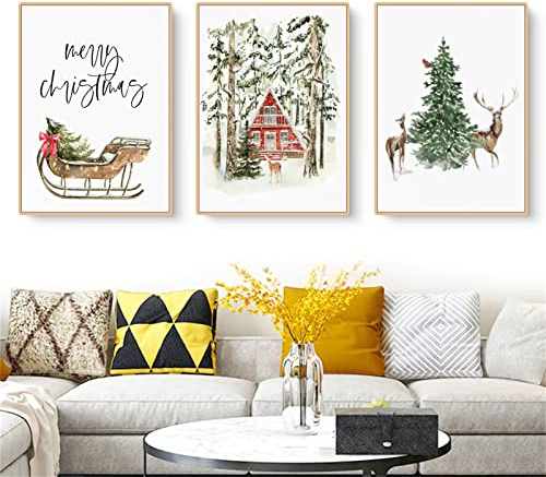 Martin Kench 3er Weihnachts-Poster Set, Winter Bilder, Elch, Holzhaus, Wald Wandkunst Wandbilder Modern Wanddeko für Wohnkultur, Ohne Rahmen (B,50x70cm)