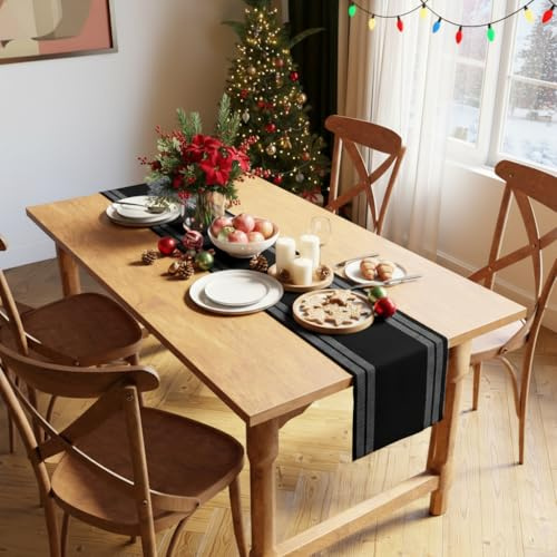 Encasa XO Camino de Mesa | Algodón de Canalé Fino Teñido con Hilo | Tamaño 32x183 cm | Black de Escalera | Lavable a Máquina