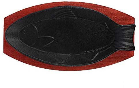 DOITOOL Cast Iron Fish Shaped Frying Pan Non-Stick Grill Pan with Wooden Tray 13.18X6.49X0.98In Portable Steak for Home Kitchen Cooking and Bbq