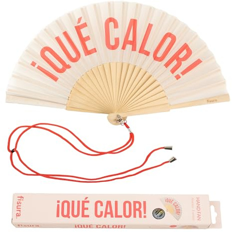 Fisura - Éventail original avec message en espagnol que calor. Éventail moderne et amusant en bois. Éventail pliant crème et rouge. Dimensions : 42,5 x 23 cm.