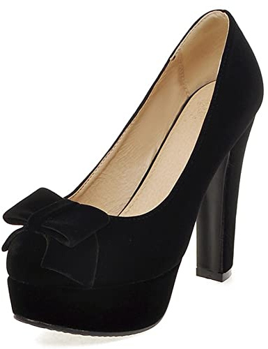 Escarpins à Talons Carrés pour Femmes, Pompe à Talon Élevé Bout Rond à Enfiler Chaussures Habillées avec Plateforme Bowknot Mode Solid Chaussures, Taille 33-43