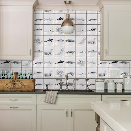 Alwayspon Vinyl Sticker Peel and Stick, Self-Adhesive Wall Tile Transfers Backsplash Sticker Decal for Kitchen Bathroom, 6x6inch/15x15cm 30Pcs, Marine Lives T034