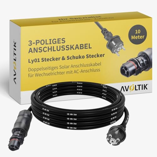 Avoltik 3-poliges Wechselrichter Anschlusskabel 10m I Robustes Kabel mit Ly01 Stecker & Schuko Stecker I doppelseitiges Solar Anschlusskabel für Wechselrichter mit AC-Anschluss & Ly01-Buchse