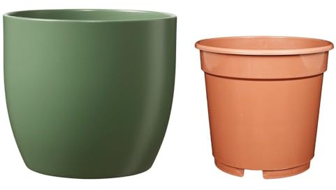 Set - SK Soendgen Keramikübertopf Basel ø10 cm, moosgrün matt + Kulturtopf ø8, hochwertiges Wohnambiente