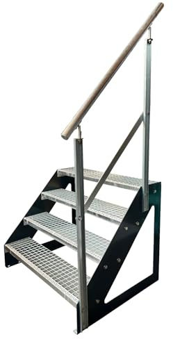 Kaminbau Mierzwa Premium Stahl Treppe Freistehend mit verzinktem Geländer Rechts/Wangen Anthrazit RAL 7016/4 Stufen verzinkt (Breite 800 mm) (Höhe 76 cm) Gitterroststufe Gartentreppe
