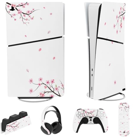 PlayVital Full Set Skin Sticker für ps5 Slim Konsole Digital Edition | Vinyl Aufkleber, Schutzfolie Folie für PS5 Controller, Ladestation, Headset & Medienfernbedienung, Fallende Kirschblüten