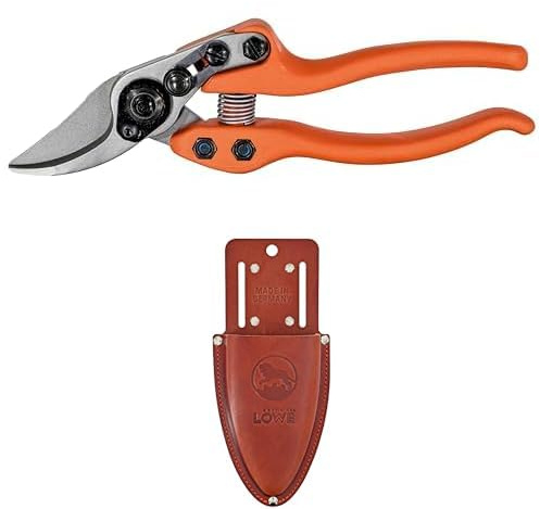 Original LÖWE Set bestehend aus Bypass Gartenschere 12.104 mit kurzem Präzisionsschneidekopf für Pflanzen, Rosen & Leder Premium Holster 9809 mit Gürtel-Clip zur Aufbewahrung am Gürtel oder Hose