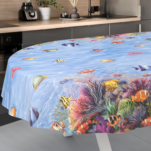 Nappe en Toile cirée Lavable, pour Table de Jardin, extérieur, intérieur, Ovale, Bord coupé, Motif Aquarium 200 x 140 cm