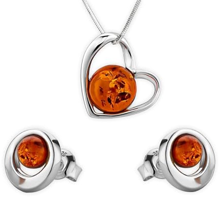Copal Conjunto De Joyas Con Colgante Y Pendientes De Ámbar En Plata 925