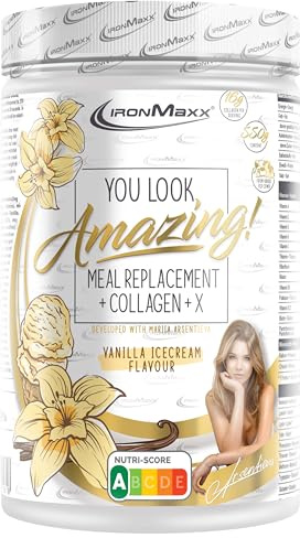 IronMaxx Amazing Food Mahlzeitenersatz + Collagen + X - Vanilla Ice Cream - 550g Dose | Mit Collagen, High Protein und Glutenfrei, mit hochwertigem Kollagen, In Kooperation mit Mariia