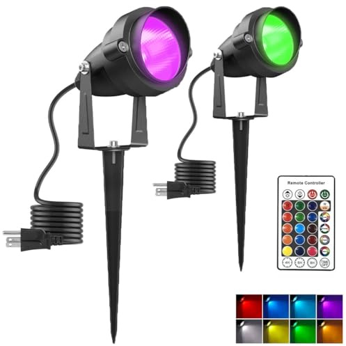 yoosuml Outdoor Spotlights Colored with Timer, Yard Spot Lights Metal Case 12W LED Landscape Light IP65 Waterproof Memory with Spiked Stand for Yard Lawn House Porch (2 Lights)