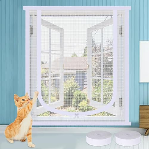 Thickened Cat Window Guard 39 x 47 Inch Window Screen Mesh, Self-Adhesive Cat Proof Window Screen with Bilateral Zipper Keep Flies Mosquitos Out, Cat Screen for Window Pet Protection Net