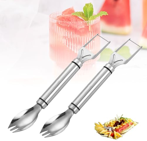 YEJAHY 2 pezzi 2 in 1 tagliafrutta in acciaio inossidabile, taglia anguria a doppia testa, coltello da taglio forchetta da frutta a doppia testa per casa, festa, campeggio