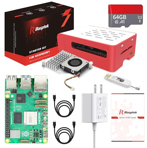 iRasptek Kit de démarrage pour Raspberry Pi 5 RAM 8 Go – Préchargé avec édition 64 Go The of OS Bookworm (boîtier rouge et blanc)