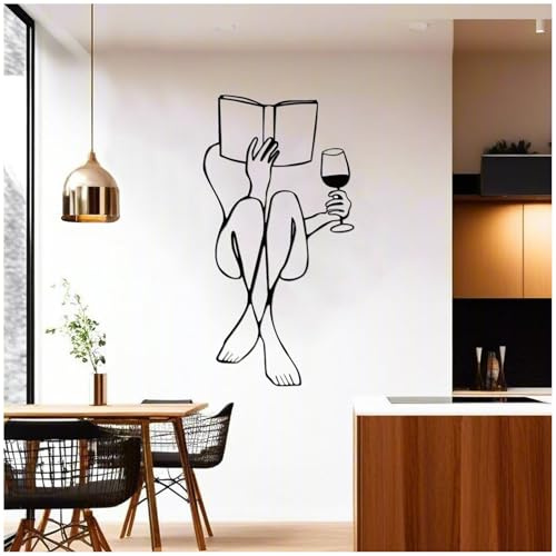 Generisch Wanddekoration, Frau Liest Buch Und Trinkt Wein Silhouette Metall Wanddeko, Minimalist Line Drawing Wanddekoration Wohnzimmer Für Schlafzimmer Küche Büro Innenhof