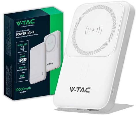 V-TAC Power Bank Magnetico compatibile con MagSafe - 10000 mAh - Ricarica Rapida PD 20W - Batteria esterna per Apple iPhone 12/13/ 14/15 / 16 Mini/Pro/Max - Bianco