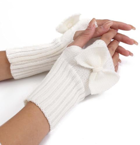 CABODYALS 2 Paar Weiße Winterhandschuhe Mit Schleife Und Daumenloch Weiche Armstulpen Ärmel Gestrickt Gehäkelt Fingerlose Handgelenksfäustlinge Großpackung Für Damen Ausflüge Fotografieren Texten Auto
