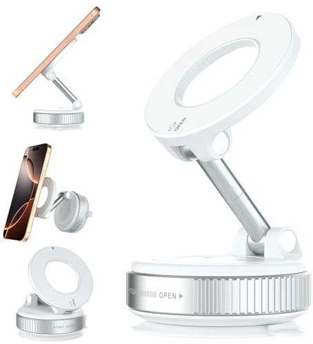 Foluu Upgraded Magnetic Phone Holder, 360° Rotating Adjustable and Foldable Vacuum Adsorption Car Phone Mount Low Noise for iPhone & Android for Car/Gym/Mirror/Smooth Surface (White)
